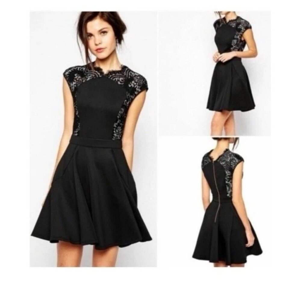 Ted Baker Dress Size 1 US Size 4 Black Pink Vivace Lace Shoulder